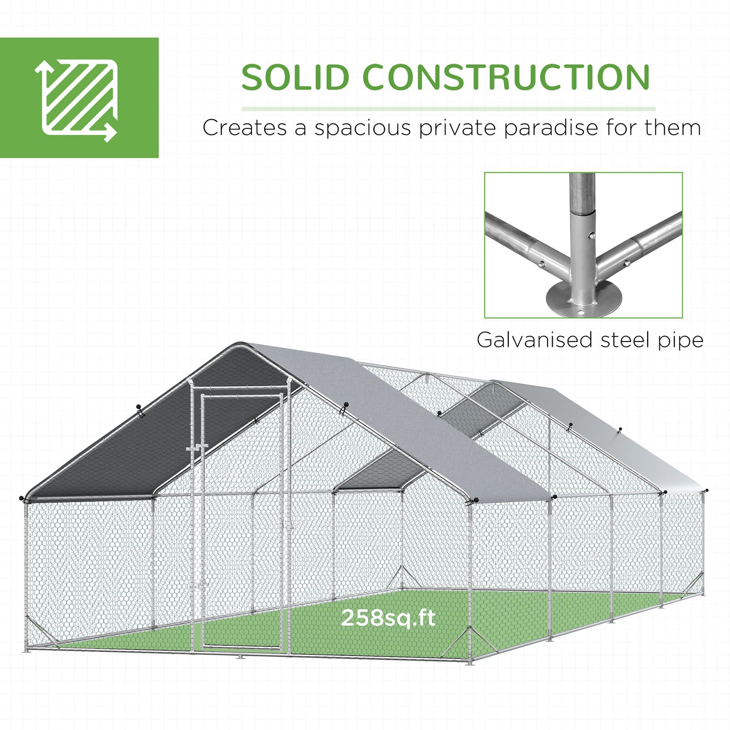 Walk In Chicken Run Large galvanised Chicken Coop w/ Cover 3 x 8 x 2m