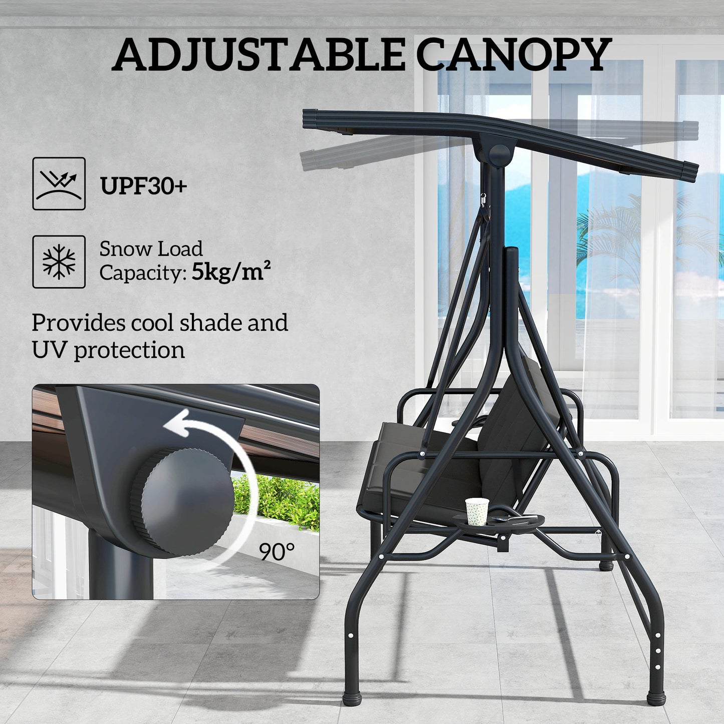 3 Seater Garden Swing Seat Bed, Convertible Swing Chair, Black