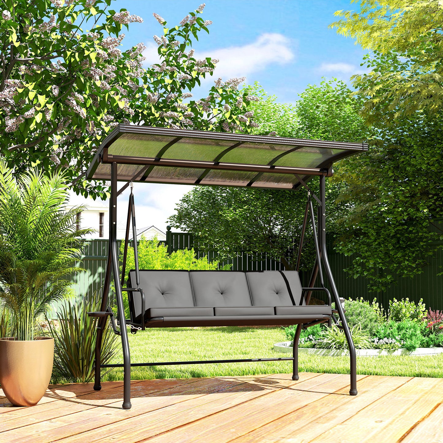 3 Seater Garden Swing Seat Bed, Convertible Swing Chair, Black