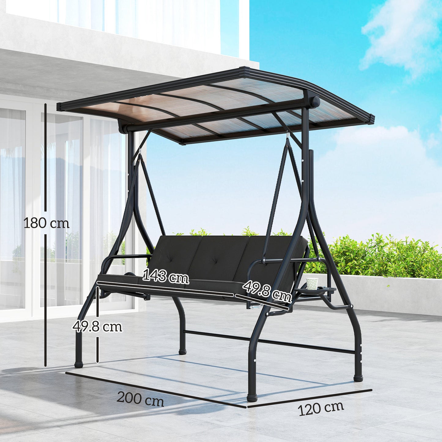 3 Seater Garden Swing Seat Bed, Convertible Swing Chair, Black