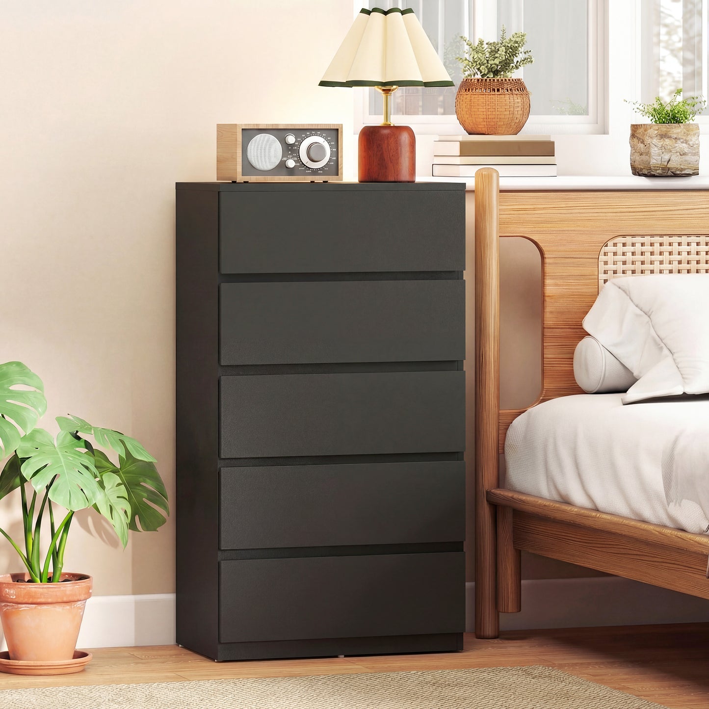 Bedroom Chest of Drawers, 5 Drawers Dresser, Drawer Unit, Black