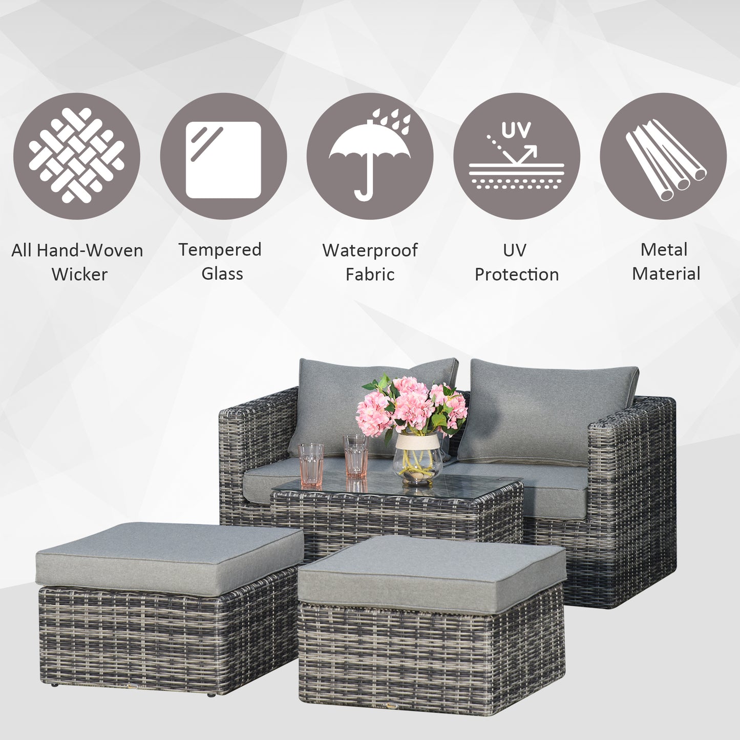 2 Seater Rattan Garden Furniture Set w/ Tall Glass-Top Table Aluminium Frame Balcony Set, Mixed Grey