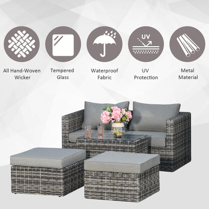 2 Seater Rattan Garden Furniture Set w/ Tall Glass-Top Table Aluminium Frame Balcony Set, Mixed Grey