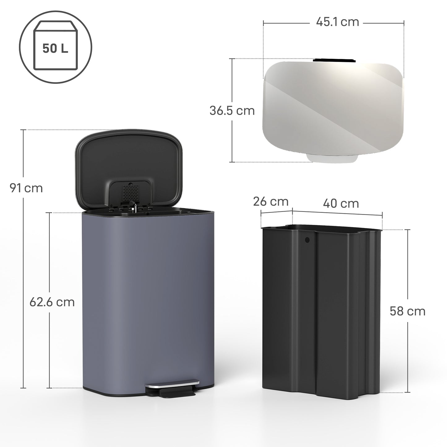 Pedal Bin with Soft-Close Lid, 50L Kitchen Bin with Carry Handle Grey