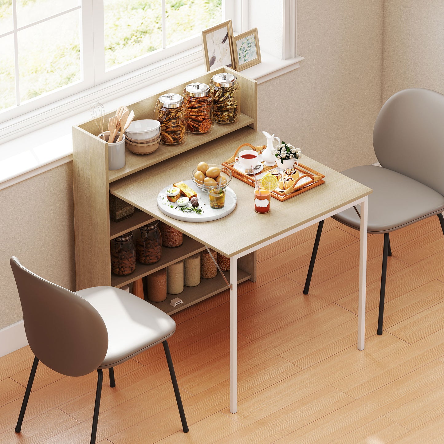 Folding Dining Table, Kitchen Table with Shelves Oak Wood Effect