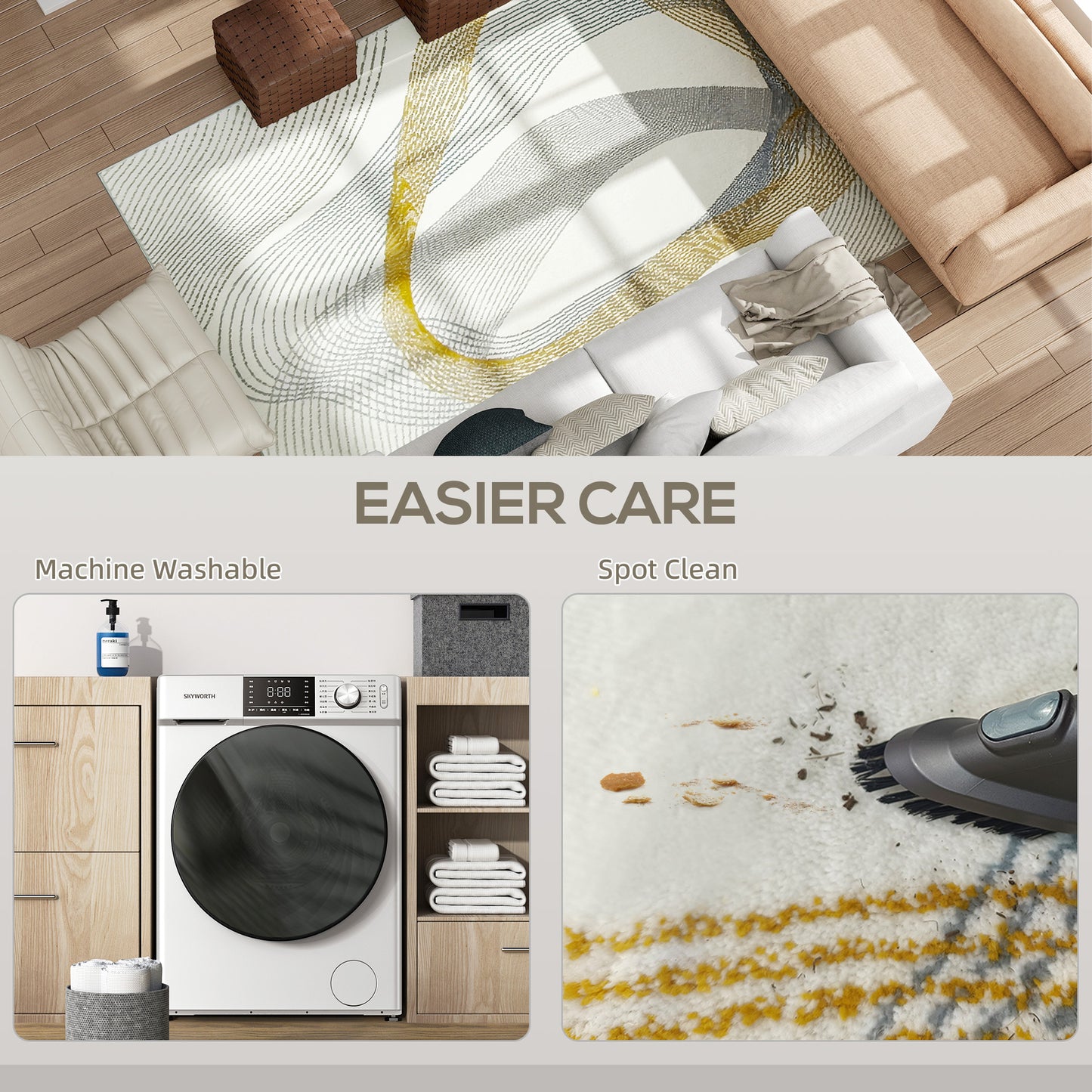 Machine Washable Rug, Allergy-Friendly Floor Carpet, Cream White
