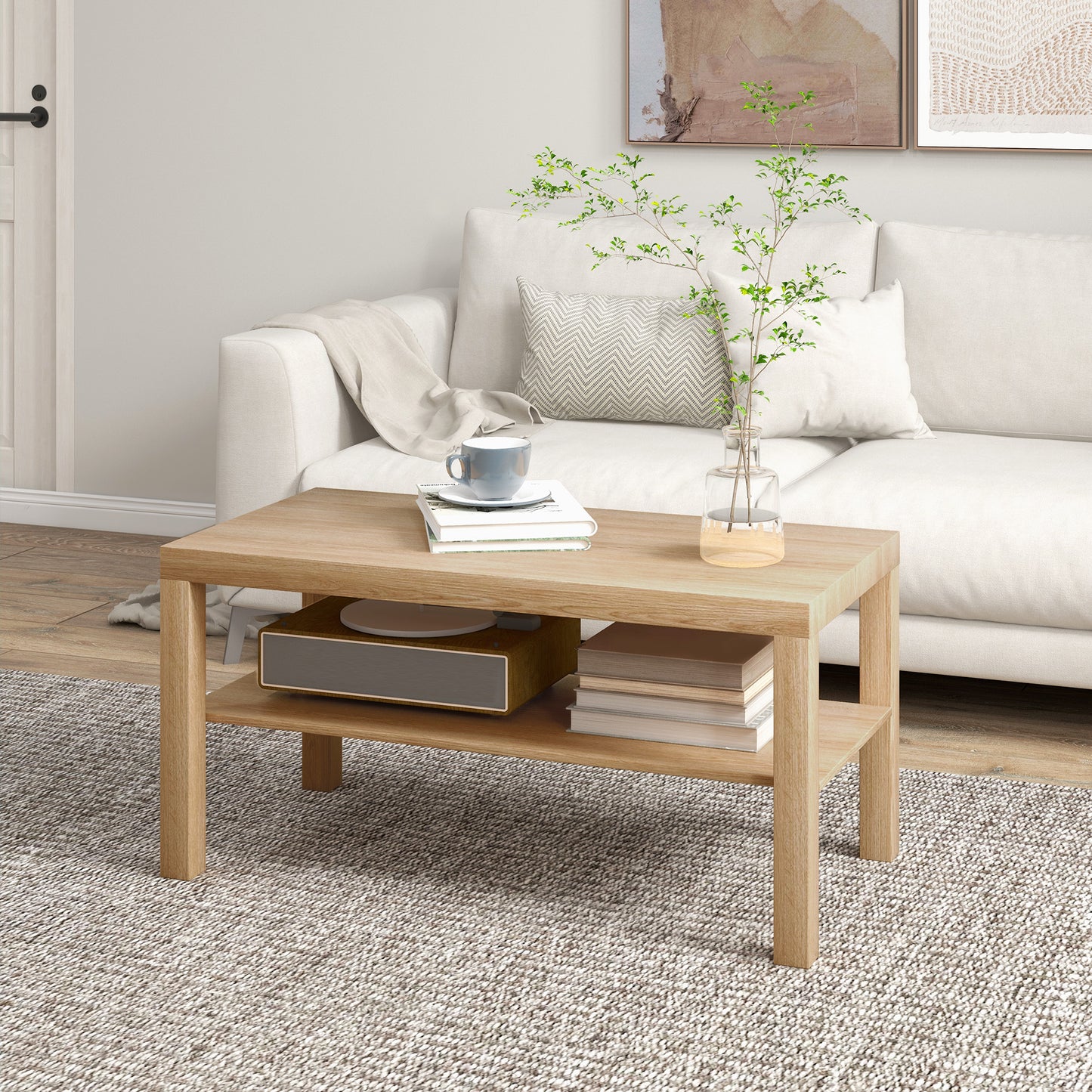 Coffee Table with Storage Shelf, Rectangular Centre Table, Natural