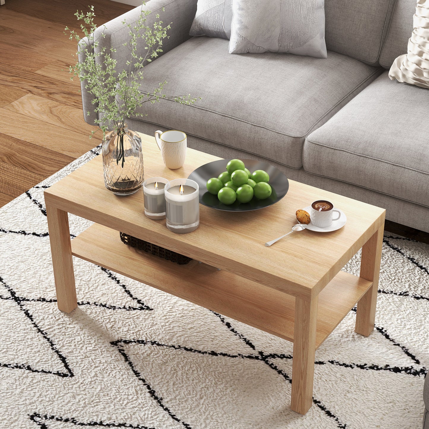 Coffee Table with Storage Shelf, Rectangular Centre Table, Natural