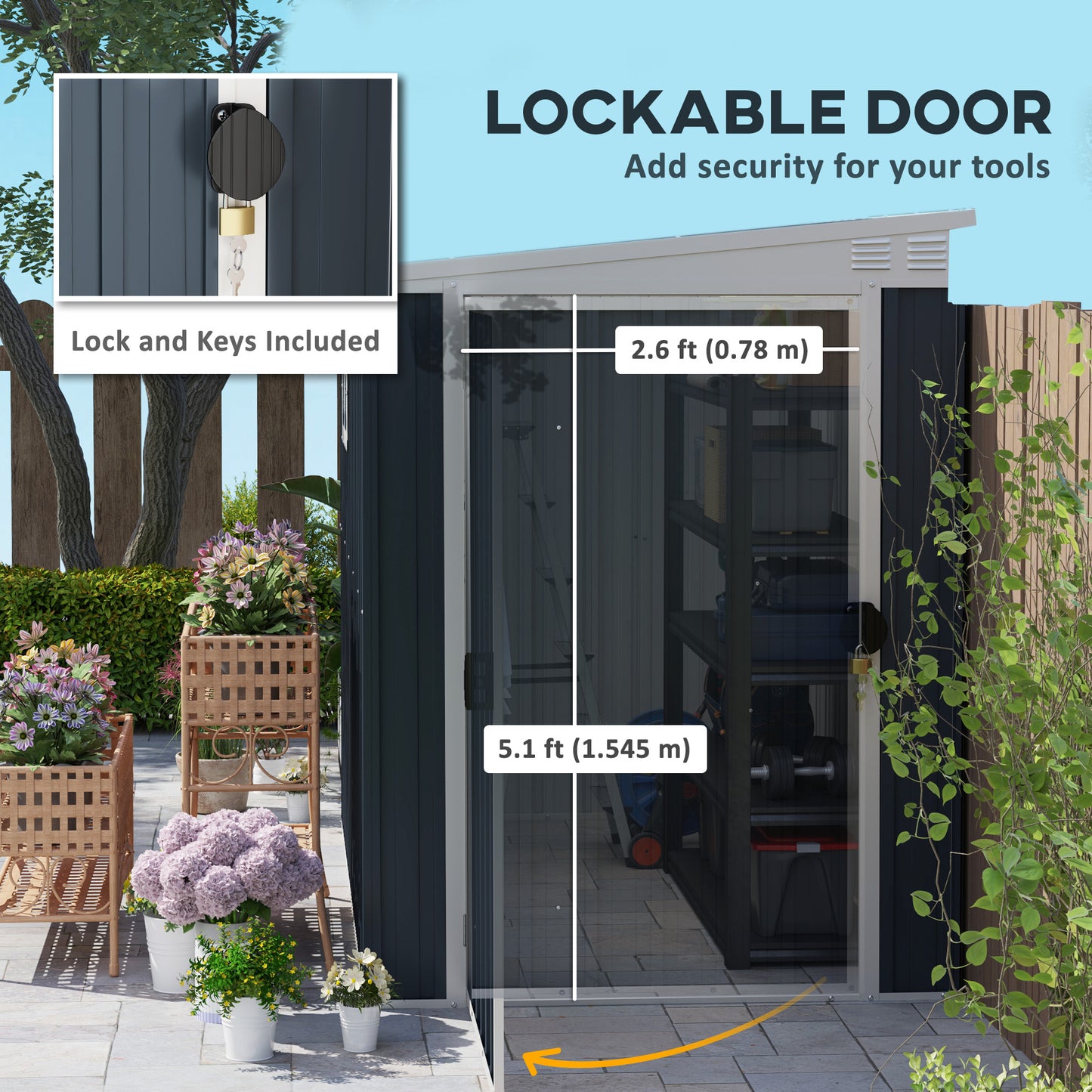 7.6 x 4ft Outdoor Garden Storage Shed, Metal Shed with Window, 2 Vents and Lockable Door for Garden, Patio, Dark Grey