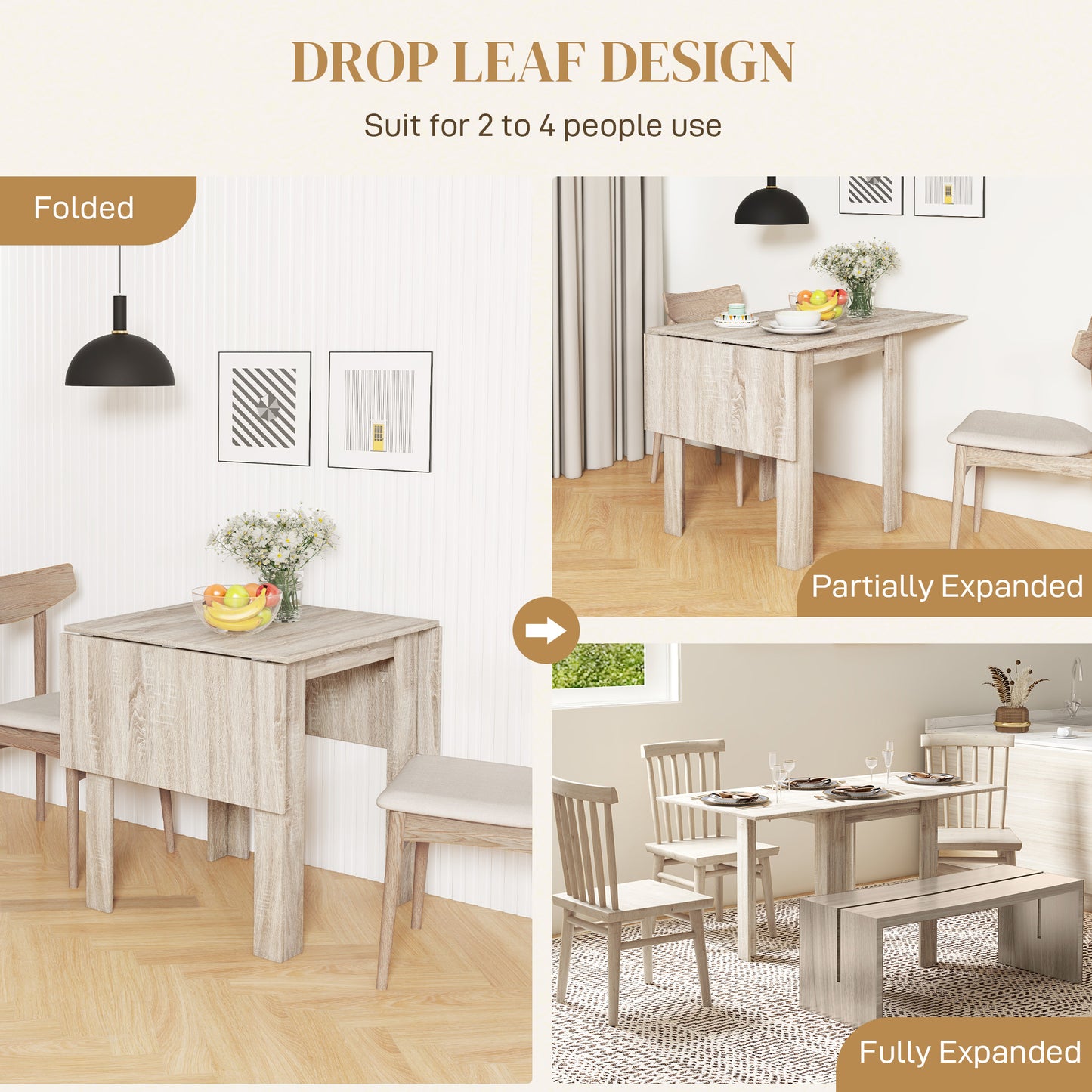 Folding Dining Table Extendable Kitchen Table Drop Leaf Table for 2-4