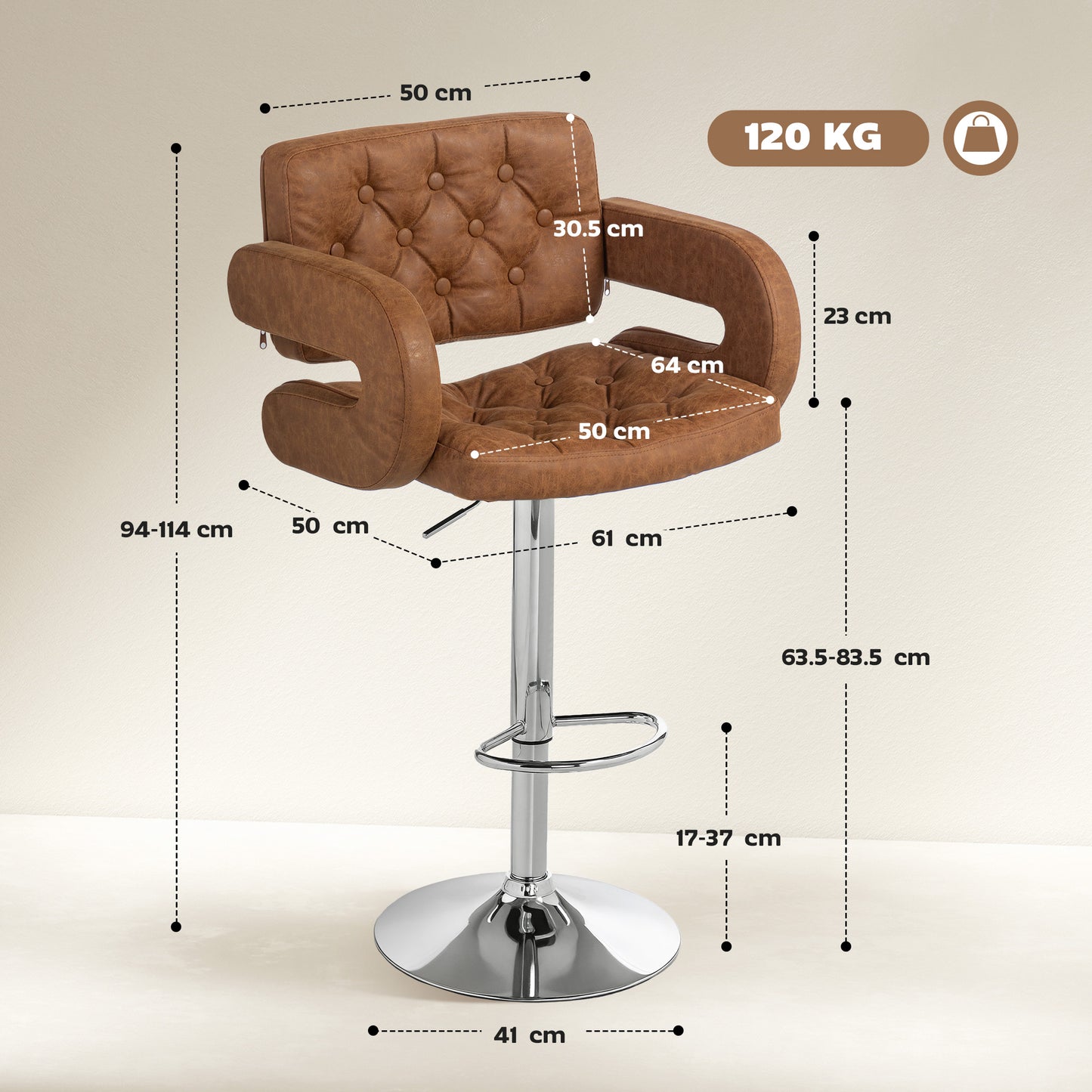 Adjustable Height Barstool Steel Pole PU Leather, Brown
