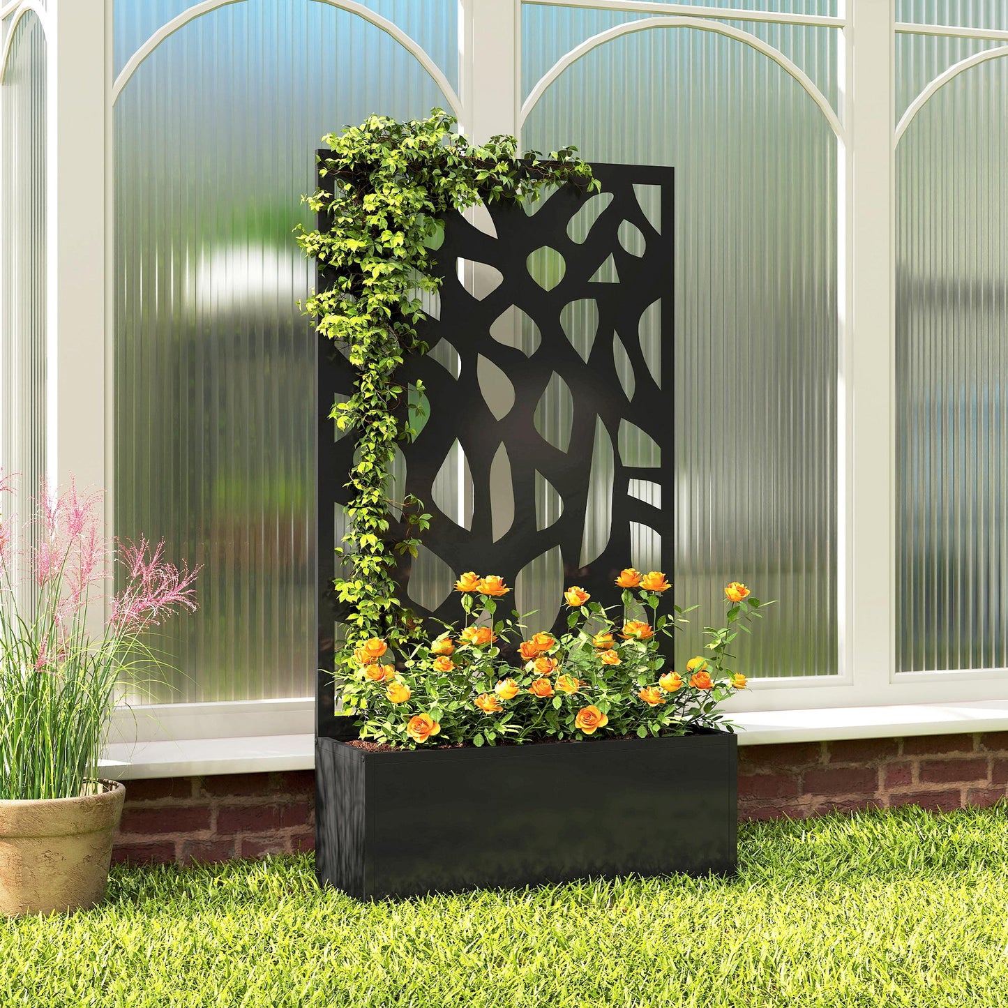 Metal Raised Garden Bed with Trellis, Outdoor Planter Box
