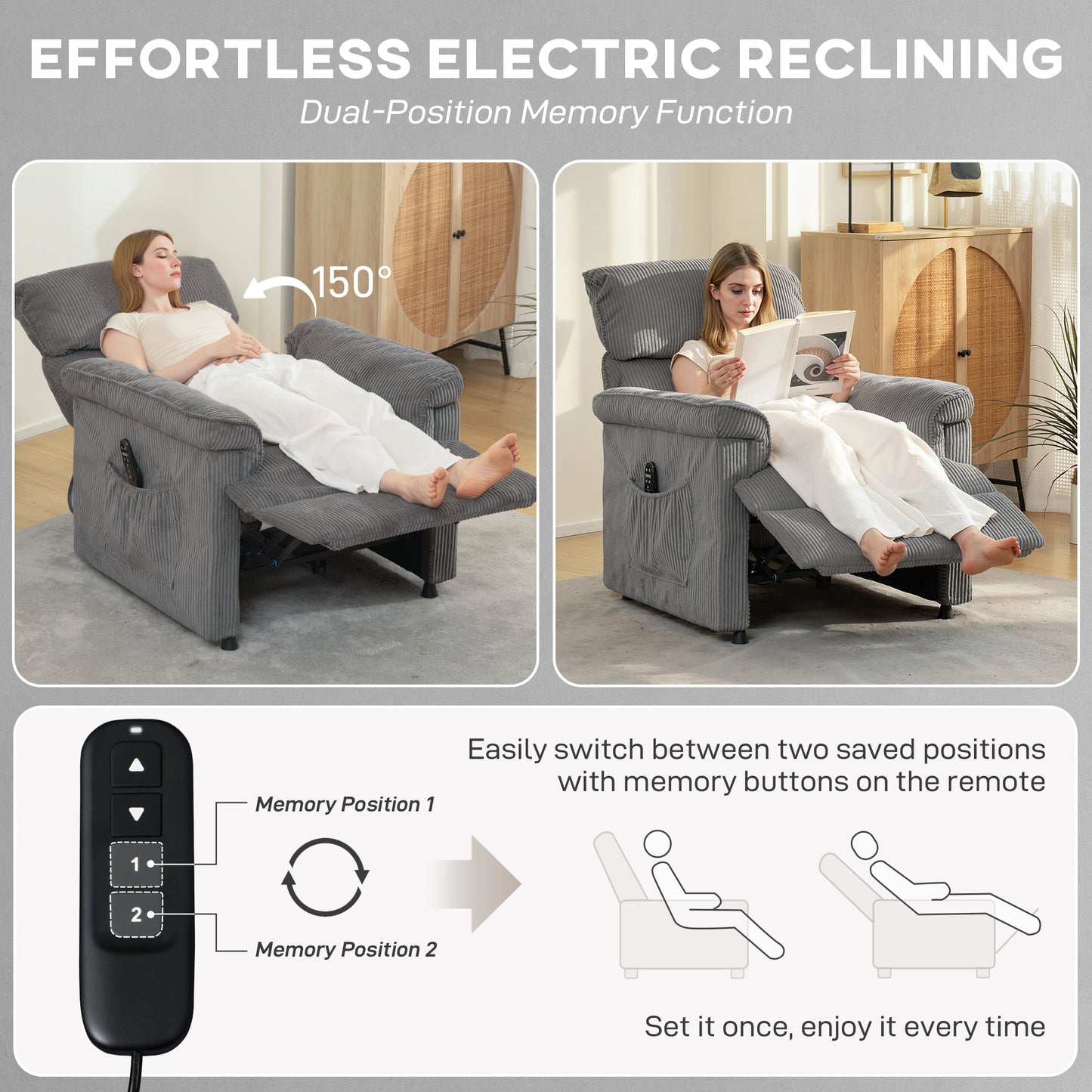 Massage Recliner with Quiet Motor, Power Reclining Chair, Grey