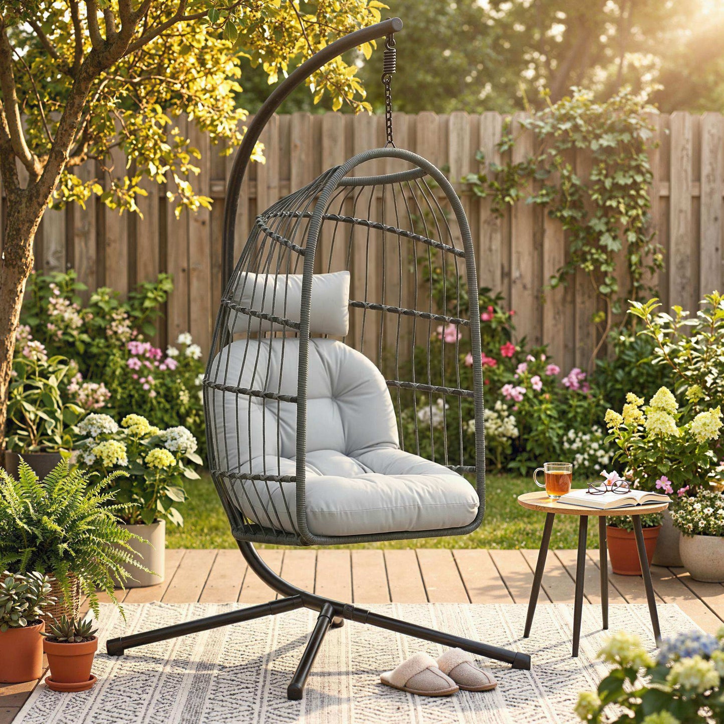 Hanging Egg Chair, Outdoor Swing Chair with Stand, Dark/Light Grey