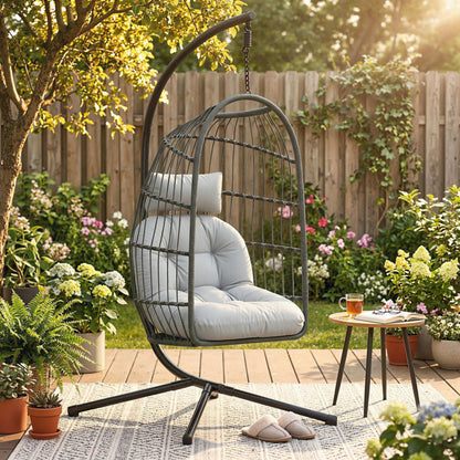 Hanging Egg Chair, Outdoor Swing Chair with Stand, Dark/Light Grey