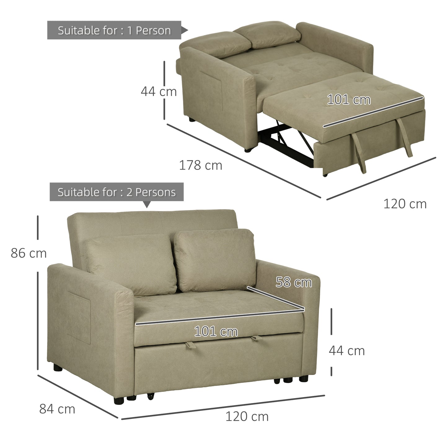 2 Seater Sofa Bed Convertible Bed Settee with Cushions, Pockets, Brown