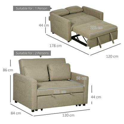2 Seater Sofa Bed Convertible Bed Settee with Cushions, Pockets, Brown