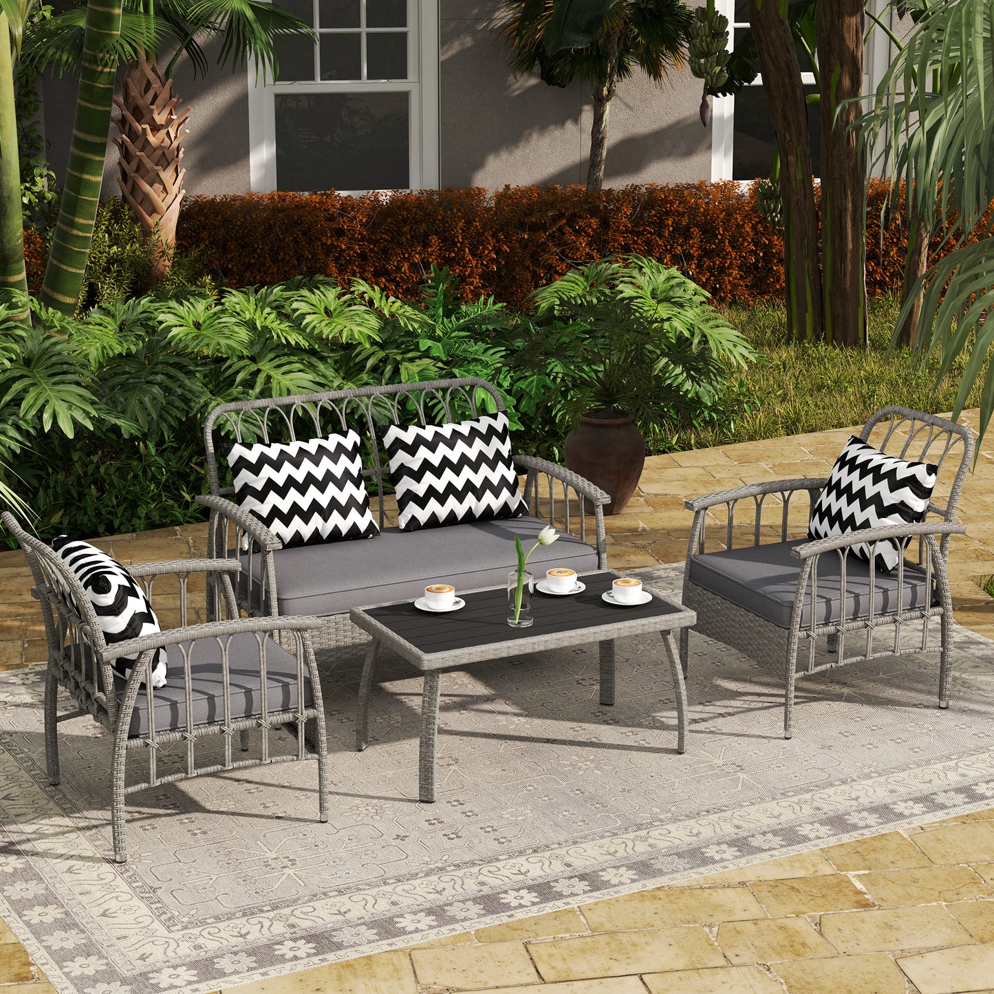 4 Piece Rattan Garden Furniture Set with Adjustable Back, Grey