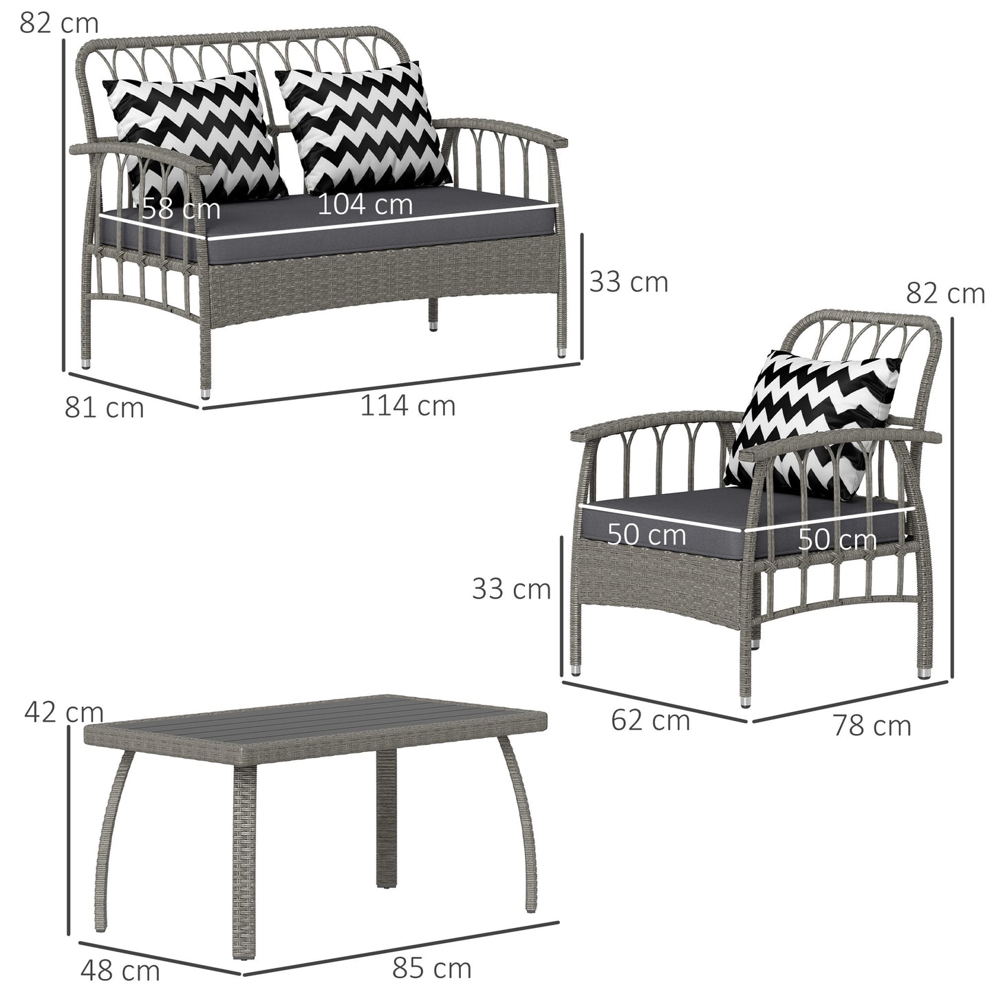 4 Piece Rattan Garden Furniture Set with Adjustable Back, Grey