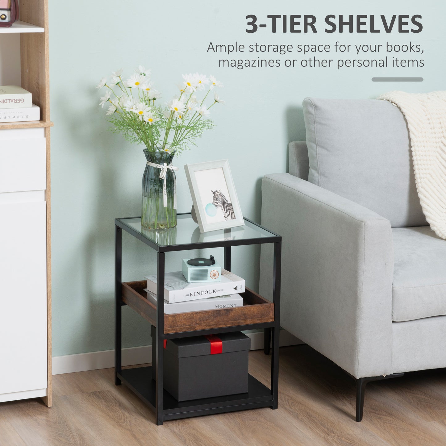 Industrial Side Table with 3-tier Storage Shelves Rustic Brown