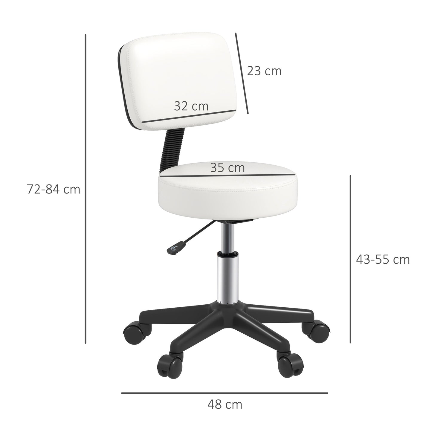 Adjustable Swivel Salon Chair Padded Seat Back 5 Wheels White