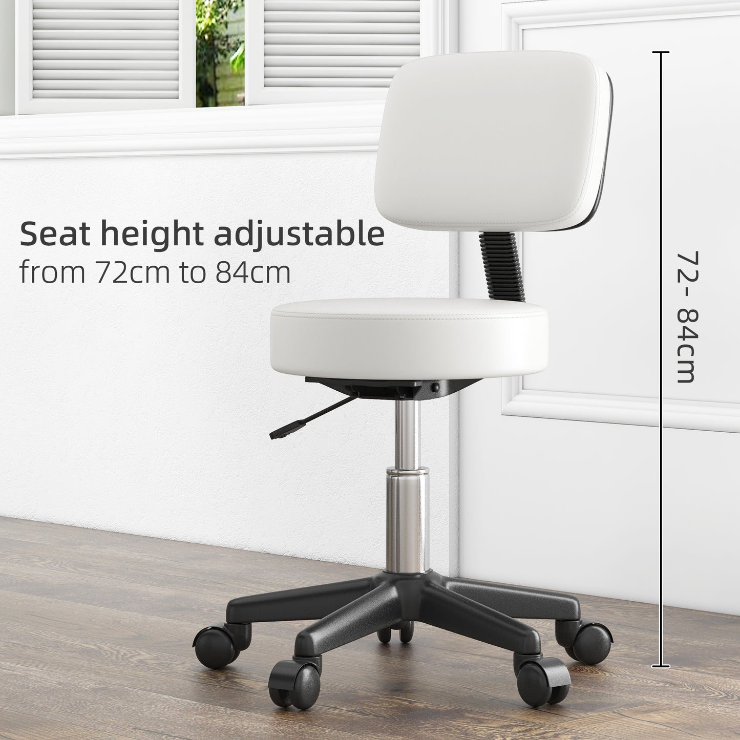 Adjustable Swivel Salon Chair Padded Seat Back 5 Wheels White