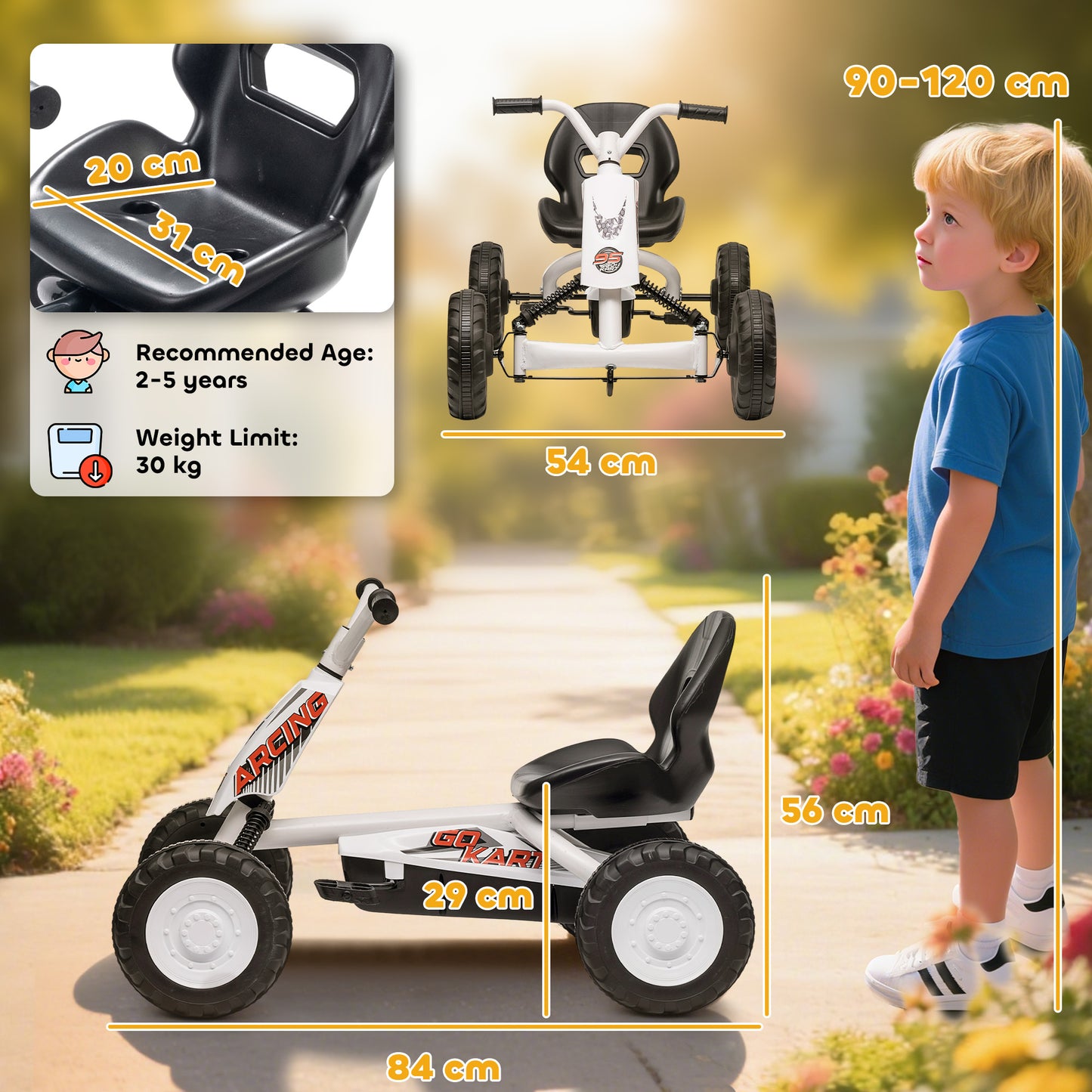 Pedal Go Kart, Go Kart for Kids Ages 2-5 Years, White