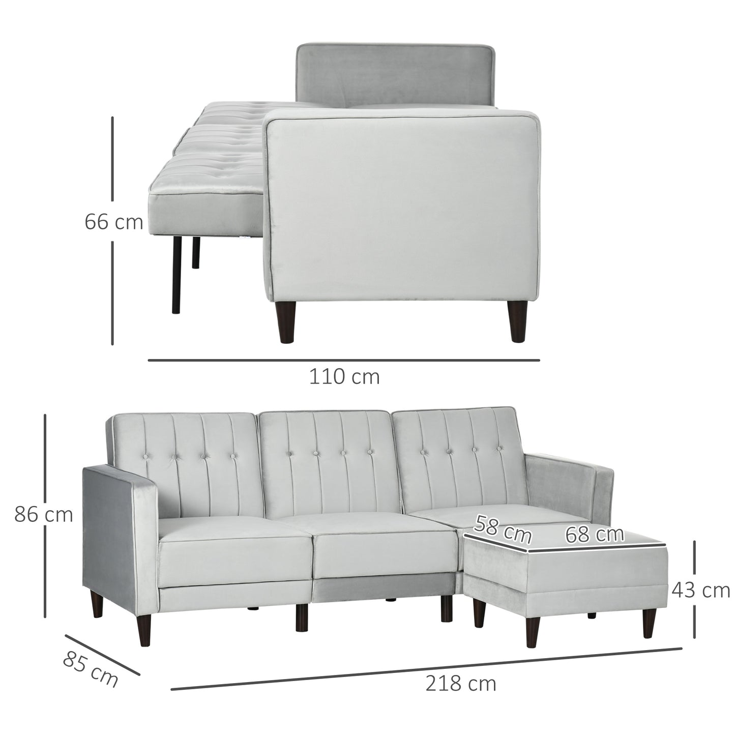 L Shape Sofa Bed Set with 3-Seater Sofa and Footstool, Corner Sofa Bed with Ottoman, Grey