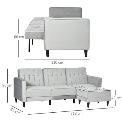 L Shape Sofa Bed Set with 3-Seater Sofa and Footstool, Corner Sofa Bed with Ottoman, Grey