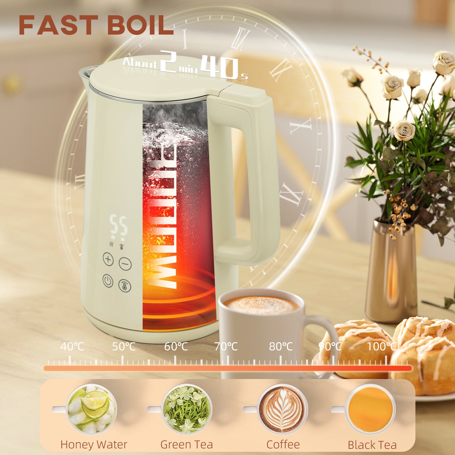 1.5L 3000W Fast Boil Electric Kettle and 2 Slice Toaster Set, Beige