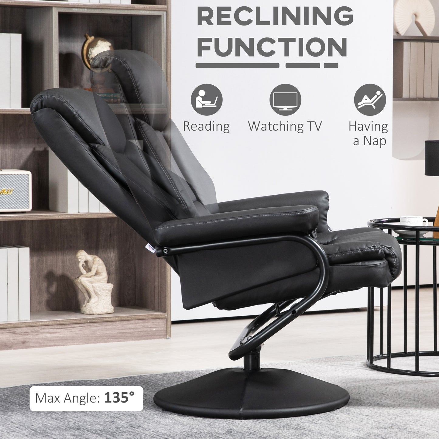 PU Leather Swivel Recliner Armchair with Ottoman, Black
