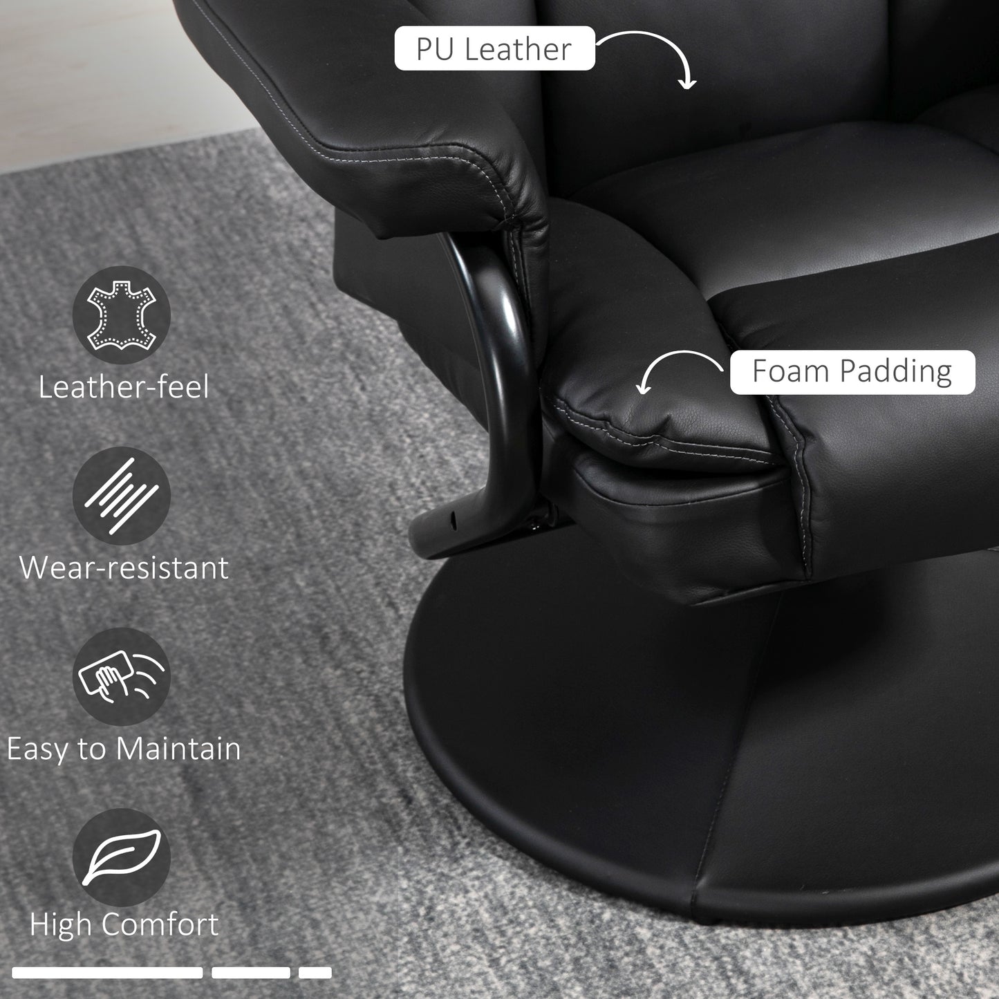 PU Leather Swivel Recliner Armchair with Ottoman, Black