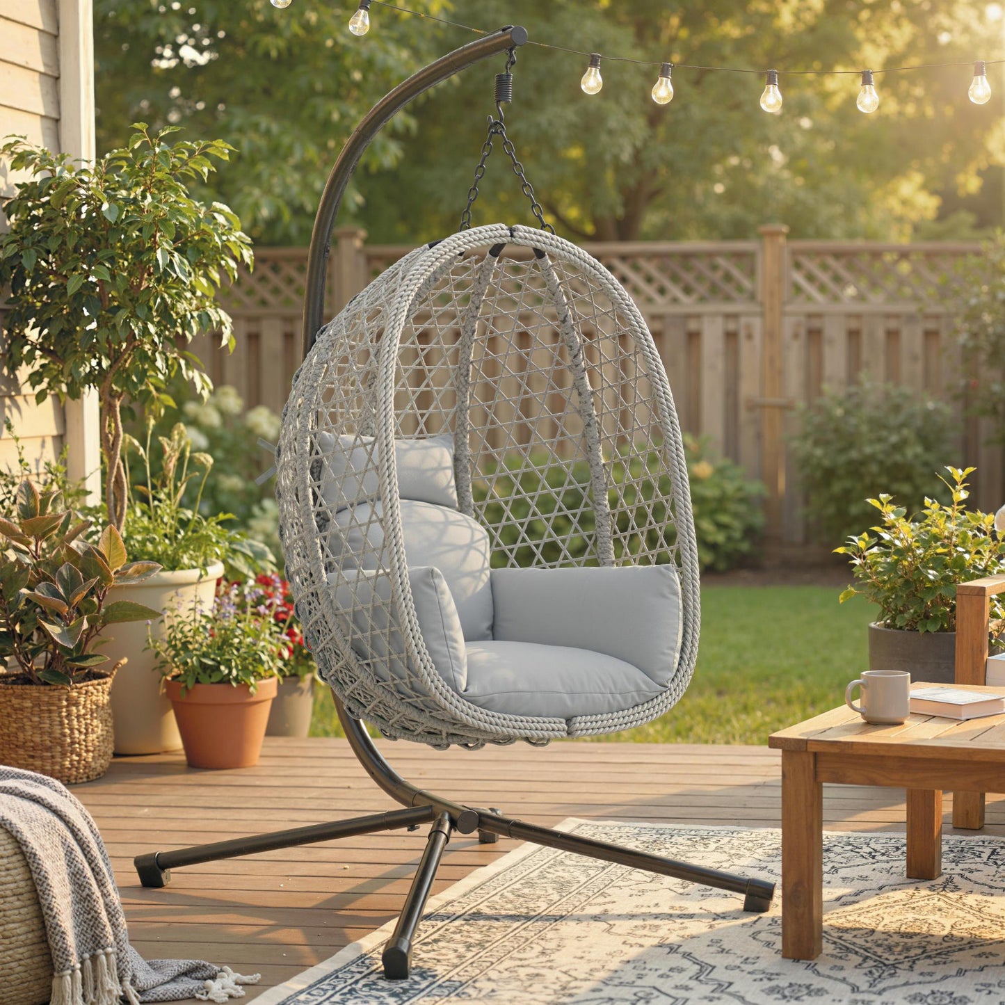 Hanging Egg Chair, Rattan Swing Chair with Stand, Light Grey