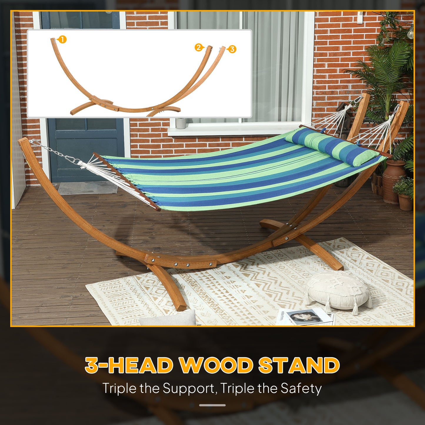 Hammock with Stand, Triple-Head Wood Hammock with Cotton Bed, Blue