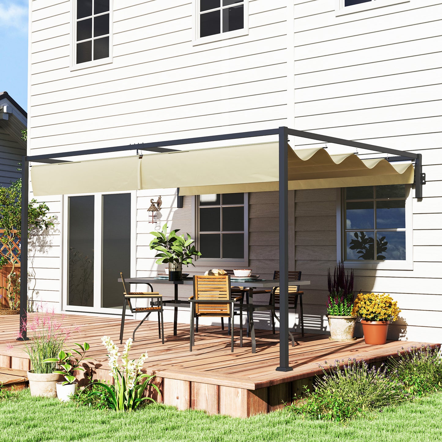 3 x 4m Wall Mounted Pergola with Retractable Roof, Khaki
