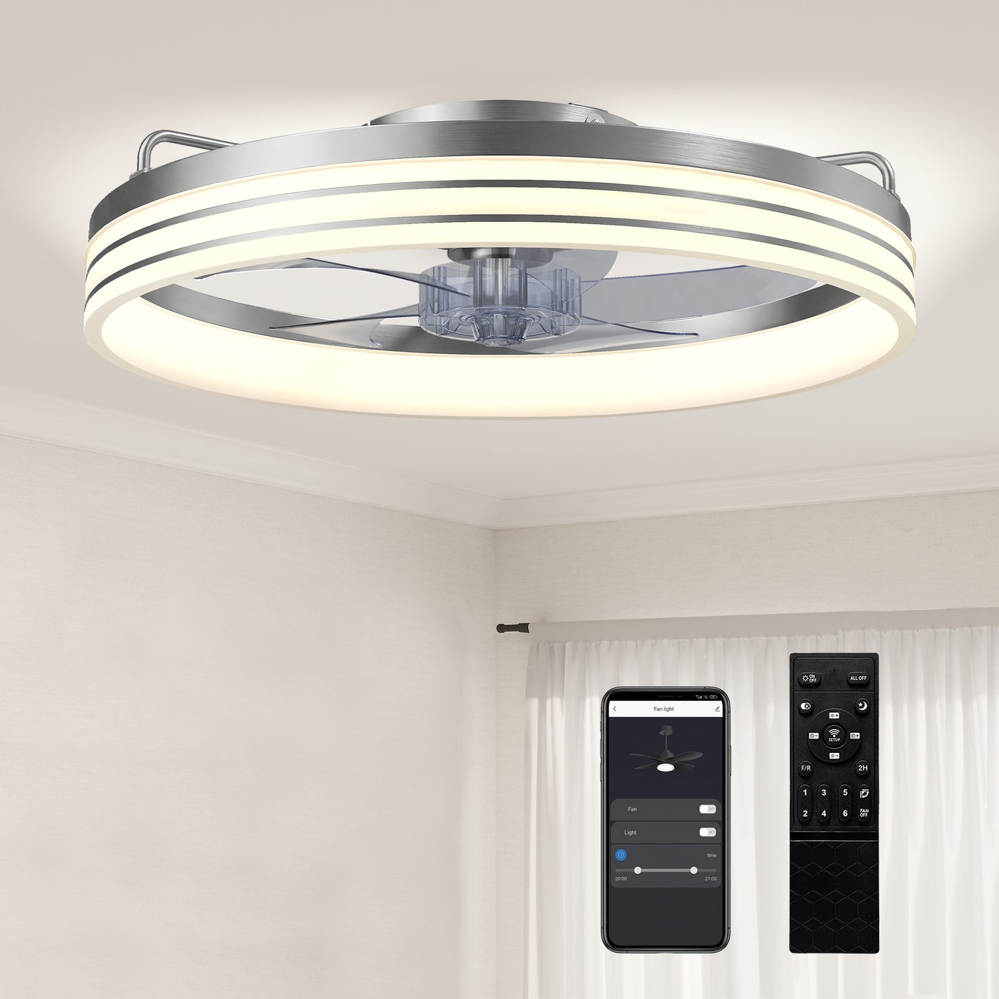 Ceiling Fan with Light and & App Control, 6 Speed, 50 cm, Silver