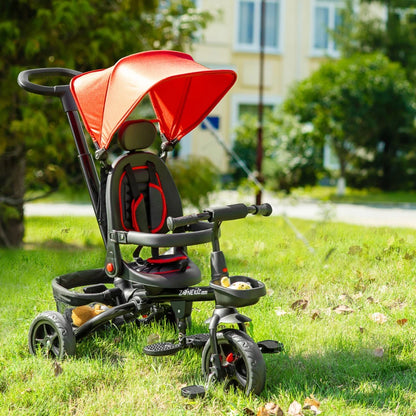 4 in 1 Tricycle 3 Wheels Pushchair Toddler Stroller Foldable Pedal Trike w/ Reversible Angle Adjustable Seat for 1-5 Years, Red