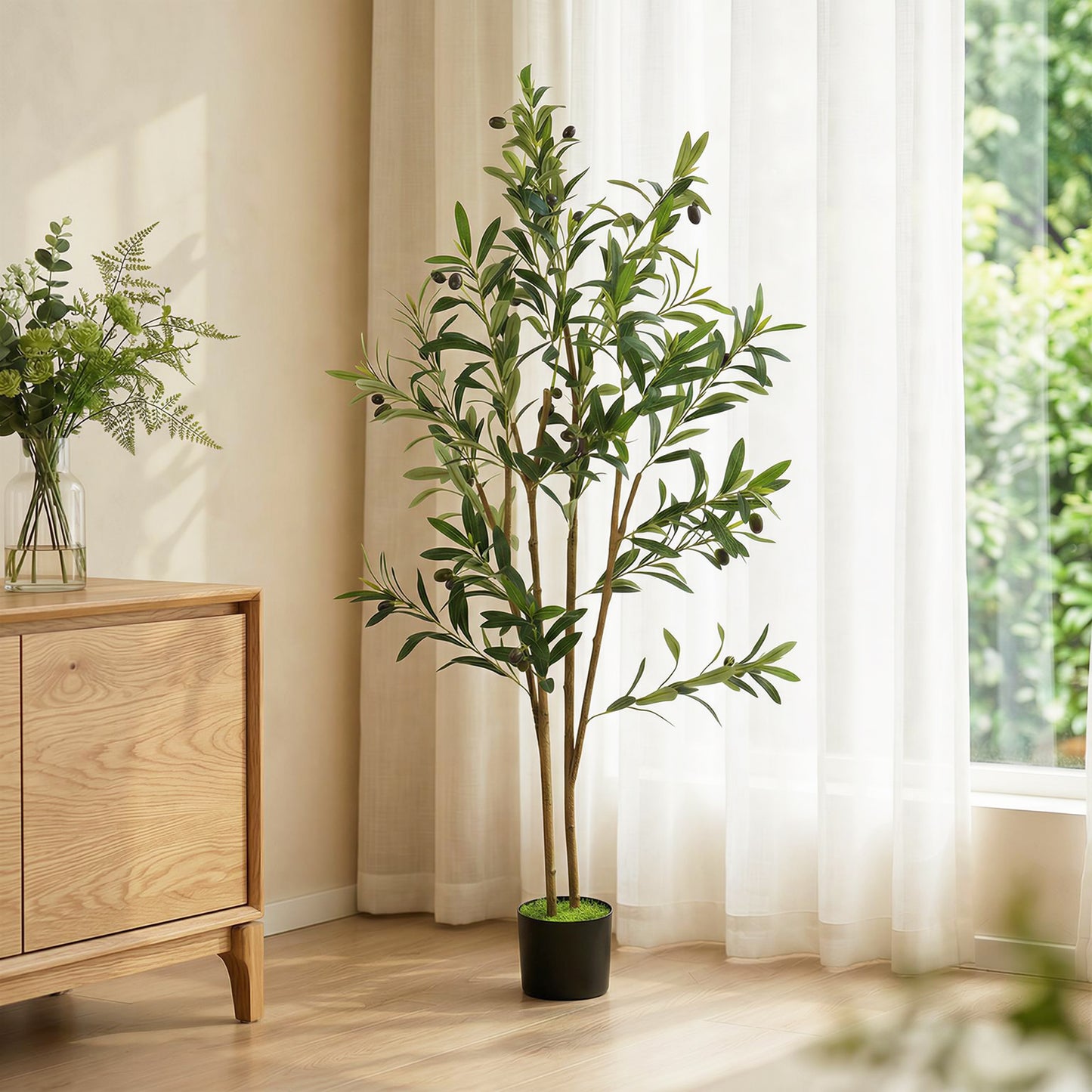 120 cm Decorative Artificial Plant, Silk Olive Tree with 303 Leaves in Cement Pot, Fake Plant for Home, Office, Living Room, Indoor Decor