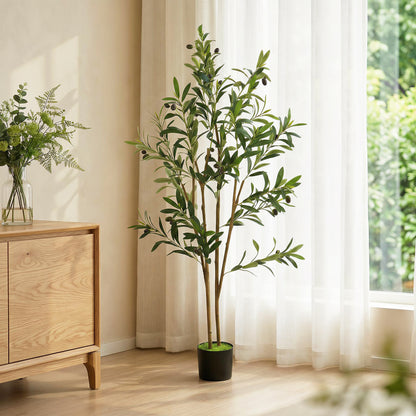 120 cm Decorative Artificial Plant, Silk Olive Tree with 303 Leaves in Cement Pot, Fake Plant for Home, Office, Living Room, Indoor Decor