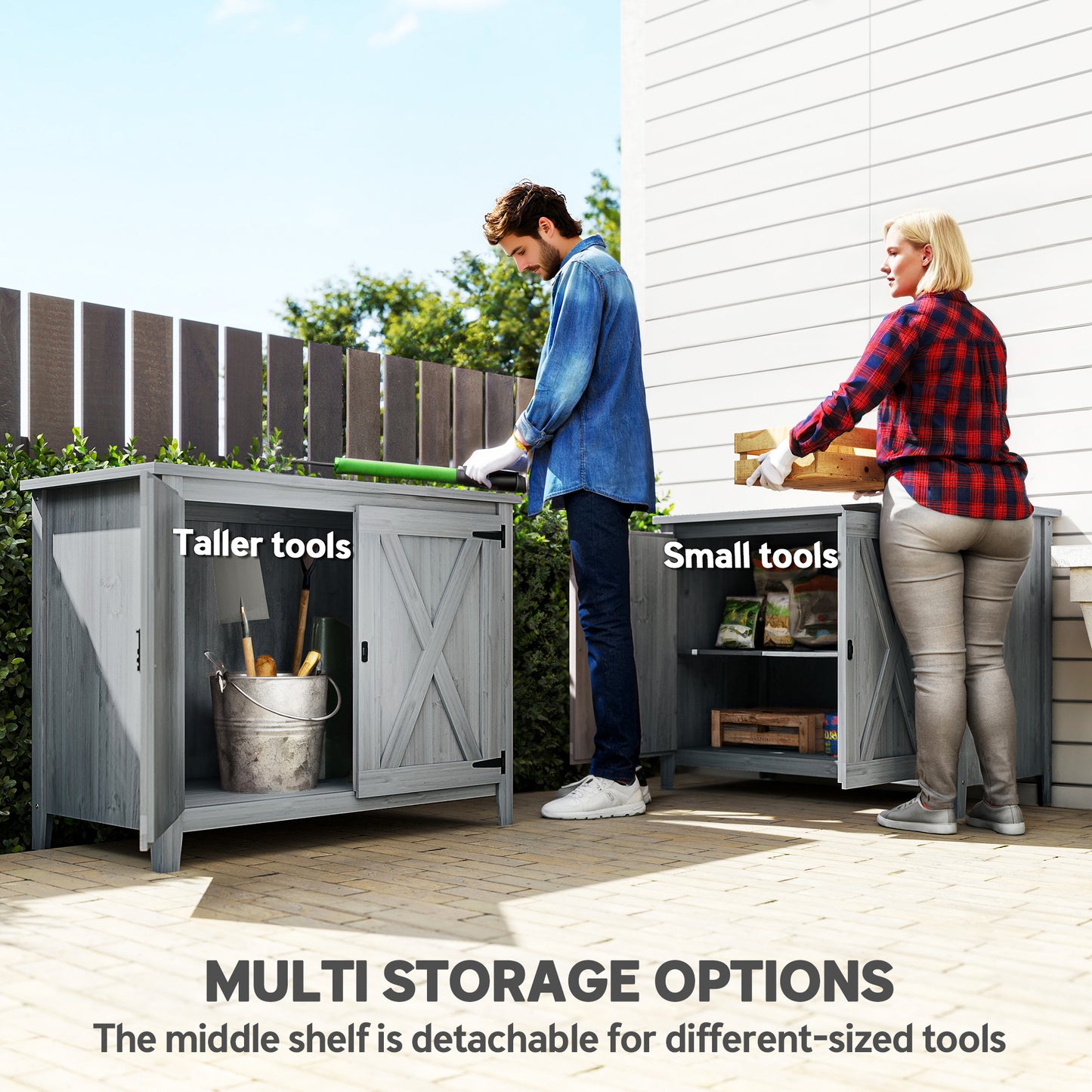 Wooden Garden Shed Tool Cabinet 110 x 60 x 88.5 cm, Light Grey