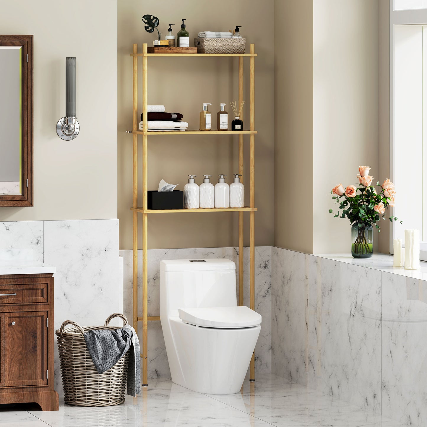 Bamboo Over Toilet Storage Unit with 3 Slatted Shelves, Natural