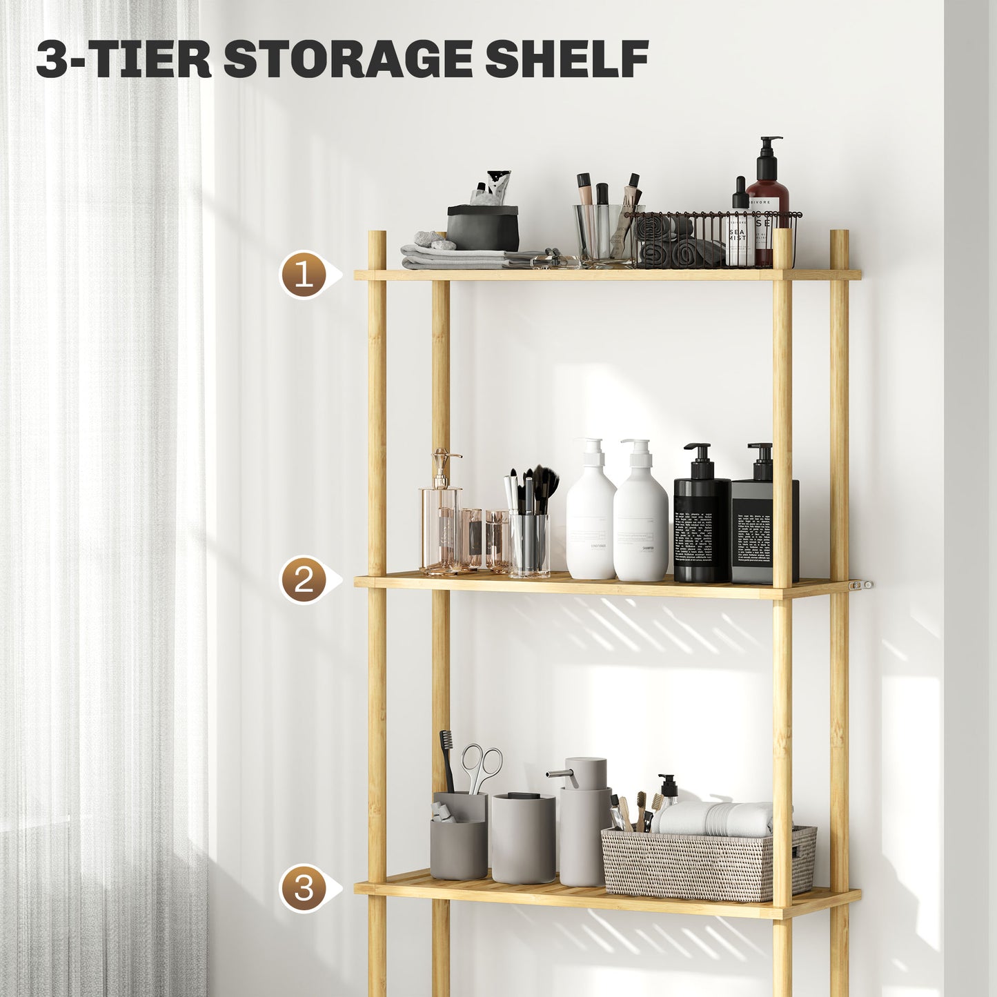 Bamboo Over Toilet Storage Unit with 3 Slatted Shelves, Natural