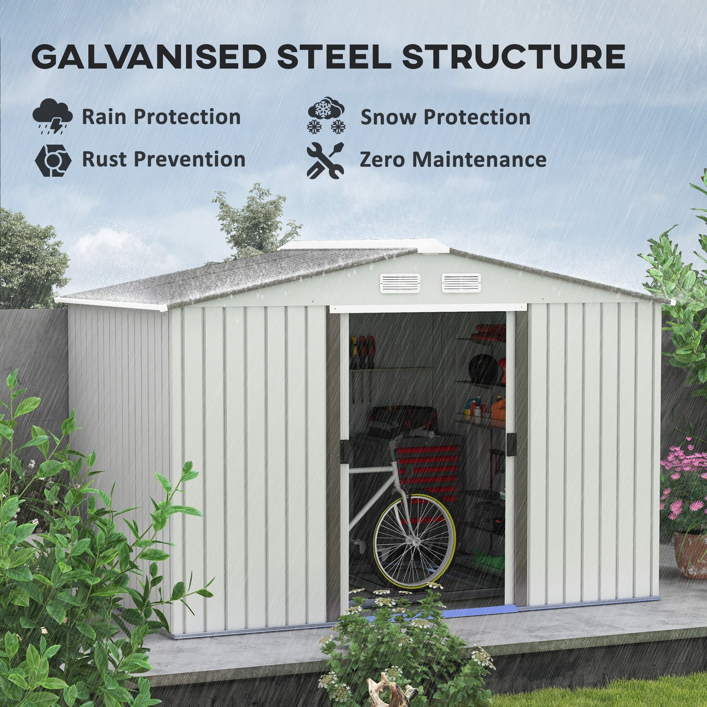 9 x 6FT Galvanised Garden Storage Shed with Sliding Door, Silver