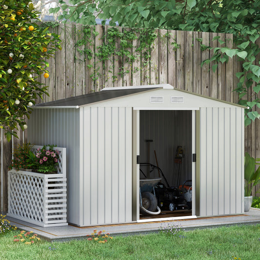 9 x 6FT Galvanised Garden Storage Shed with Sliding Door, Silver