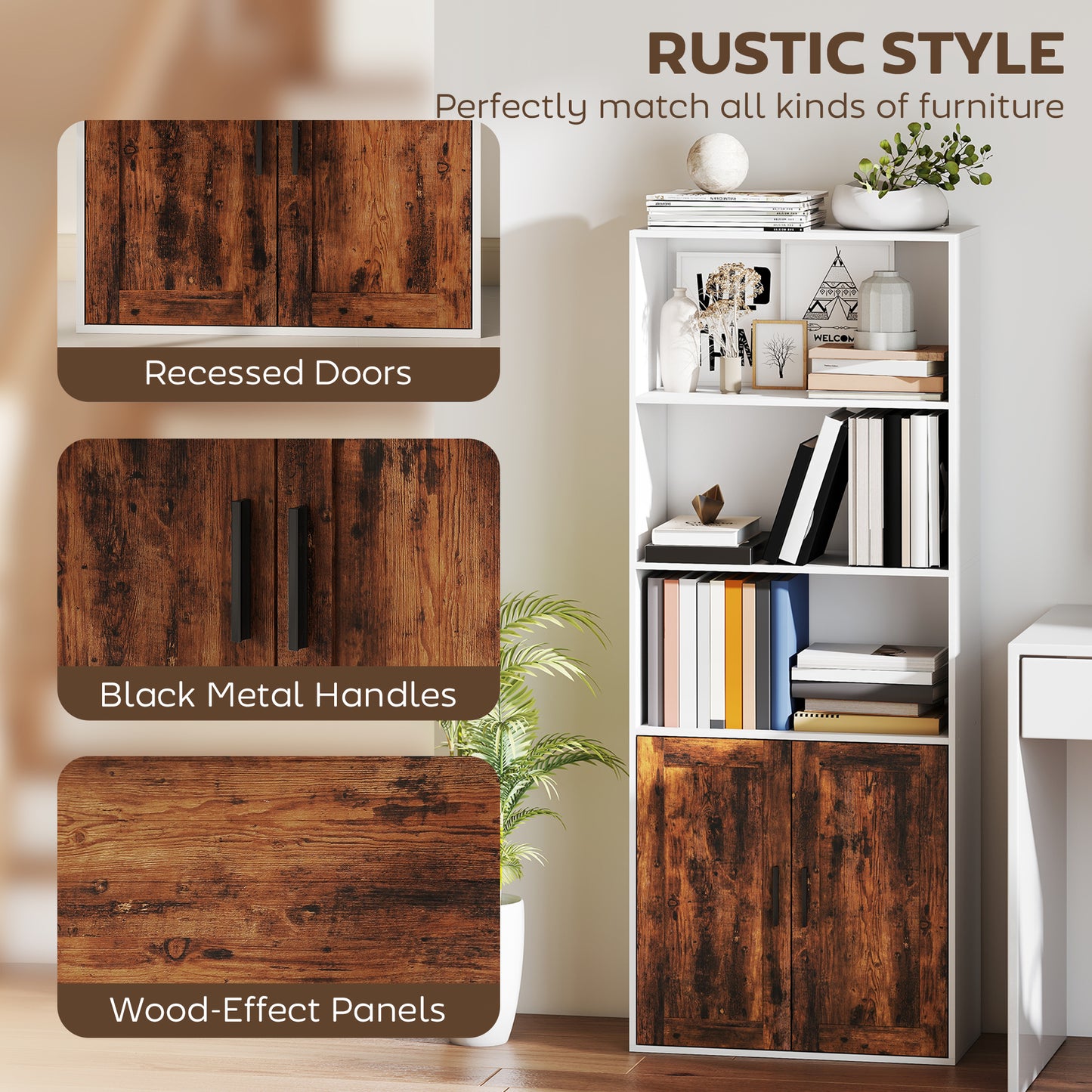 5-Tier Bookcase, Tall Bookshelf with Adjustable Shelf, Rustic Brown