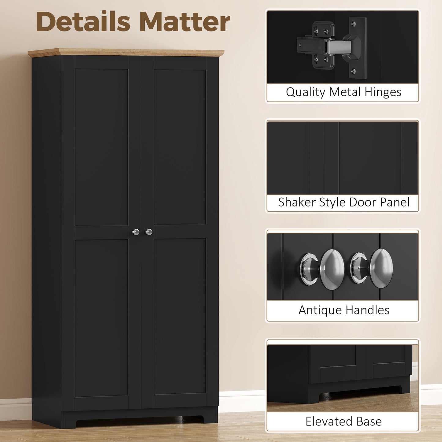 172cm Wooden Storage Cabinet Cupboard With 4 Shelves Black
