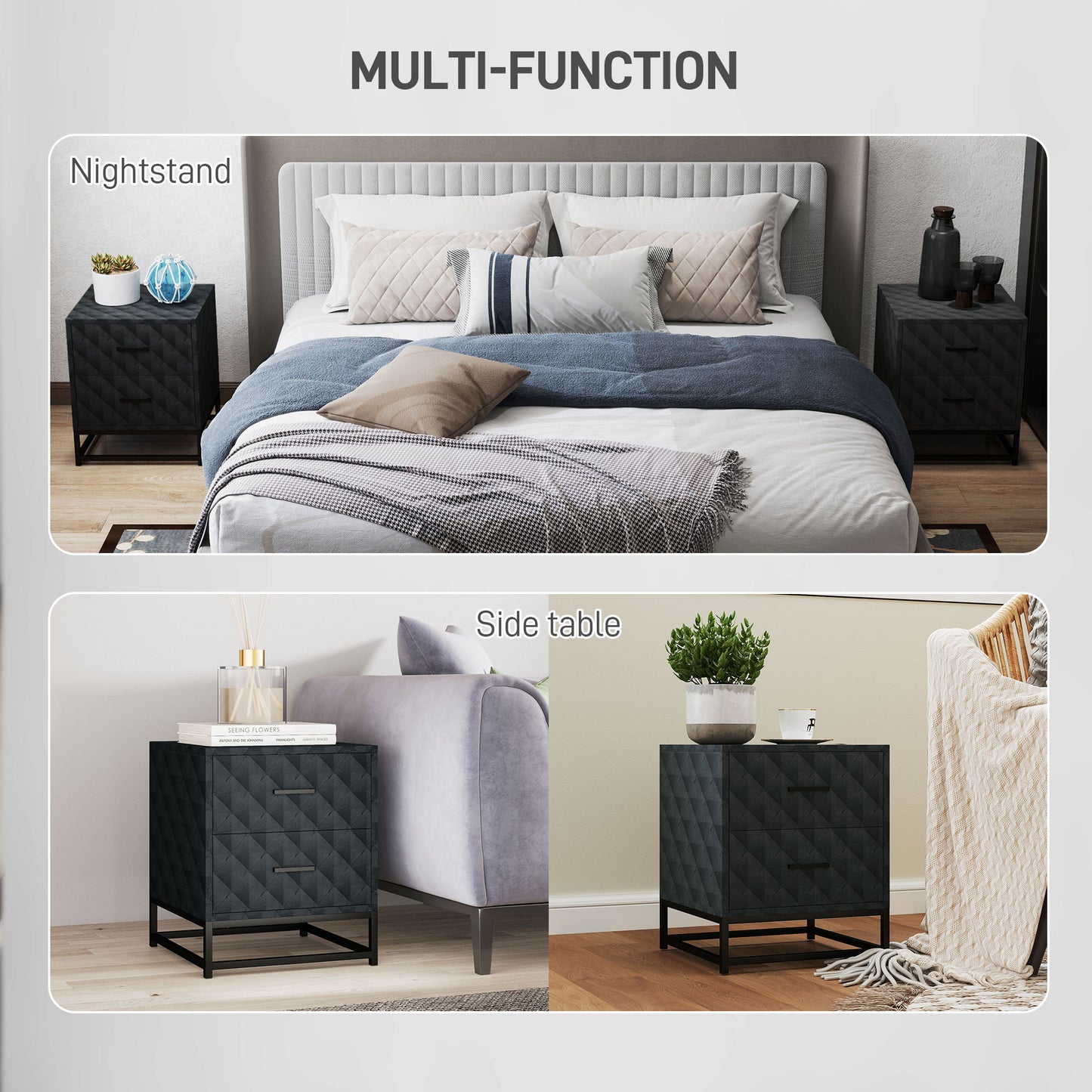 Bedside Table Set of 2, Nightstand with 2 Drawers, Steel Legs, Black