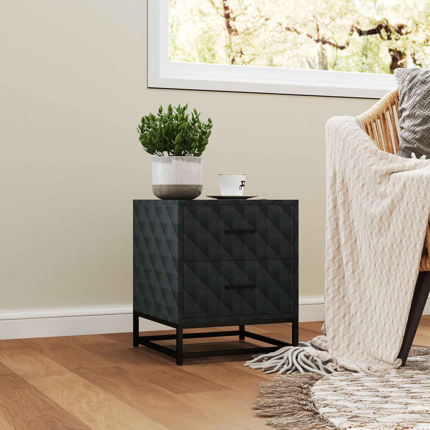 Bedside Table Set of 2, Nightstand with 2 Drawers, Steel Legs, Black