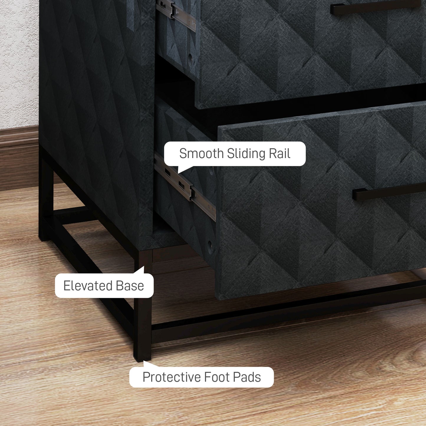 Bedside Table Set of 2, Nightstand with 2 Drawers, Steel Legs, Black