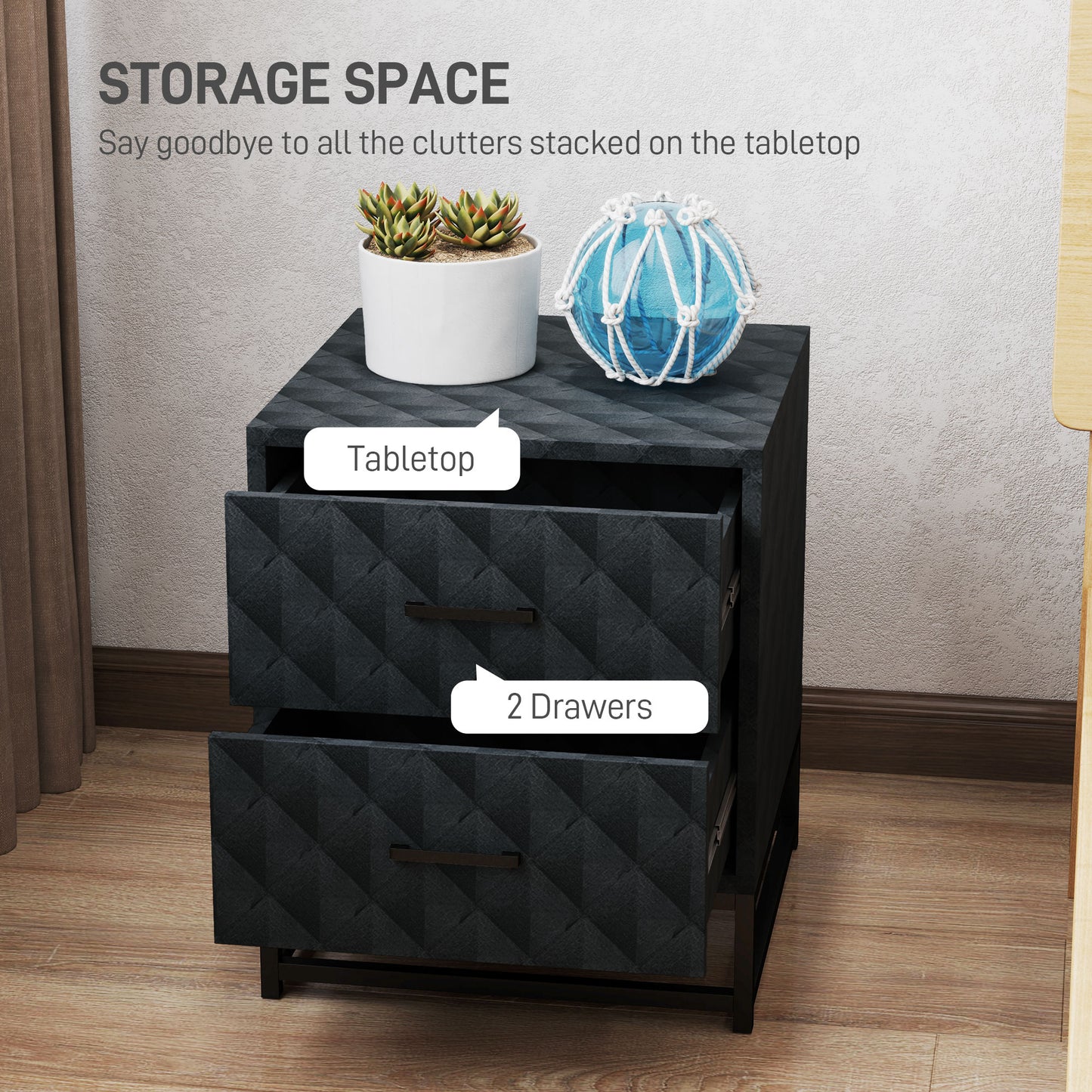 Bedside Table Set of 2, Nightstand with 2 Drawers, Steel Legs, Black